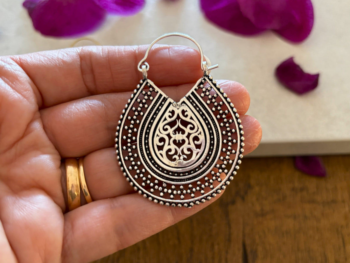 Bohemian Filigree Hoop Earrings in Gold &amp; Silver Finish – Ethnic Statement Earrings