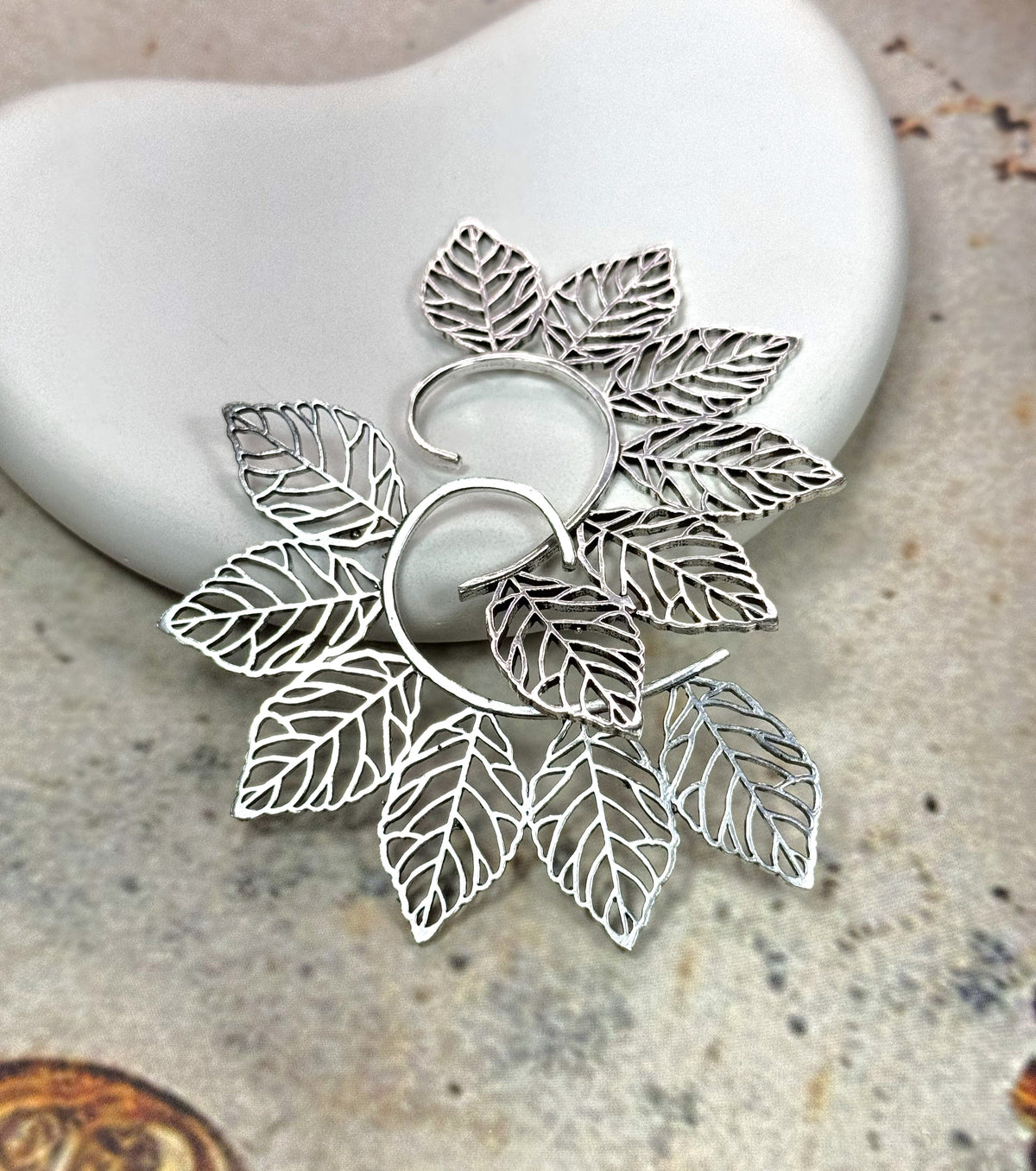 Boho Leaf Ear Cuff – Nature-Inspired Brass/Silver Statement Earrings