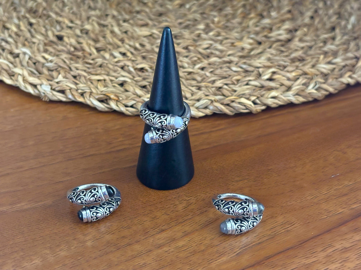 Boho Filigree Adjustable Gemstone Wrap Ring – Gold/Silver Vintage Brass Statement Ring