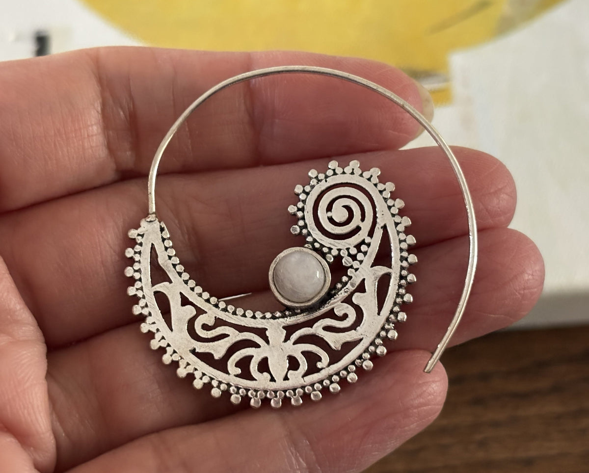 Bohemian Spiral Statement Earrings with Moonstone Accent