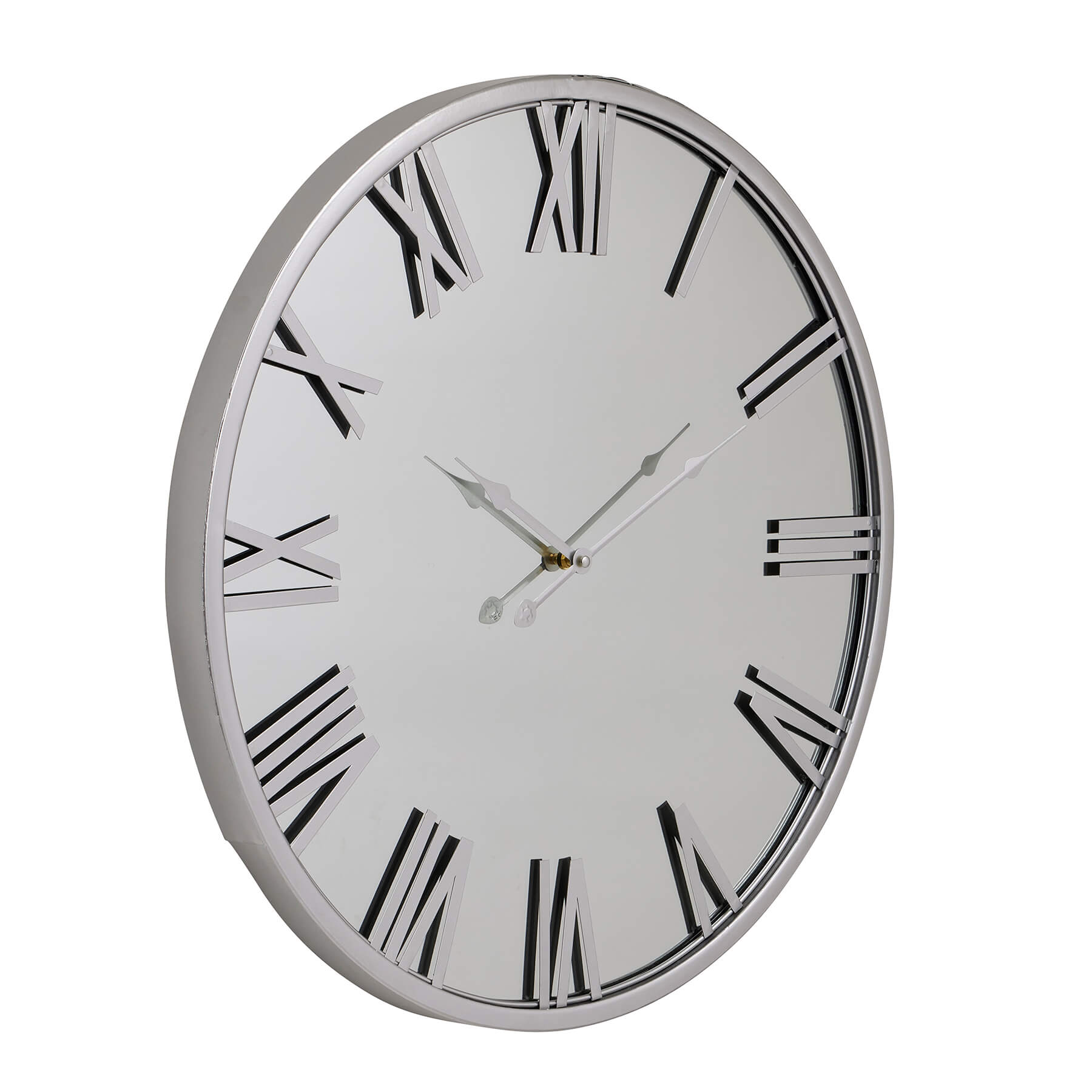 Silver Mayer mirrored wall clock with Roman numerals, 80cm diameter, enhances light and space in modern interiors by RoomLondon at brixbailey.com