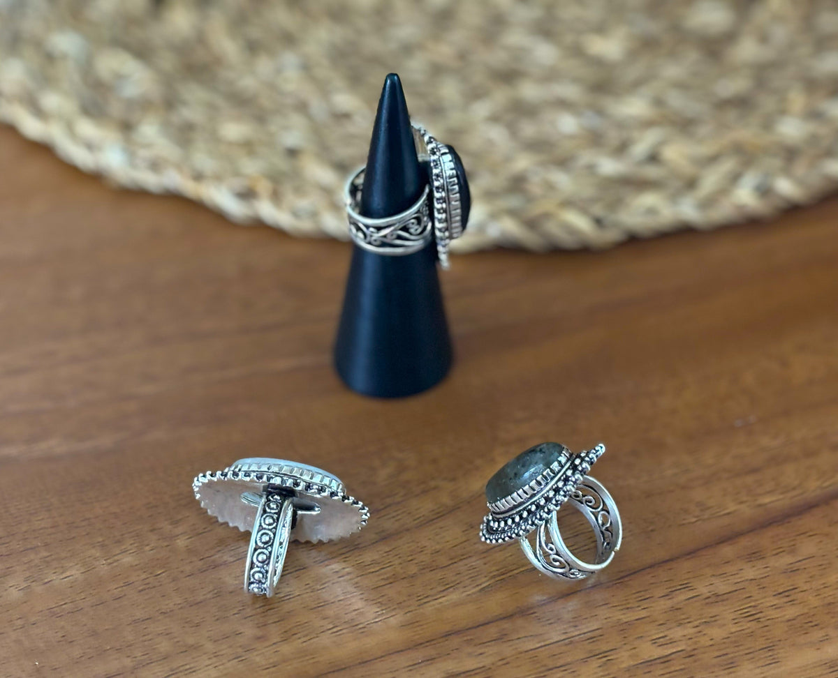 Boho Oval Gemstone Adjustable Ring – Gold/Silver Vintage Brass Statement Ring