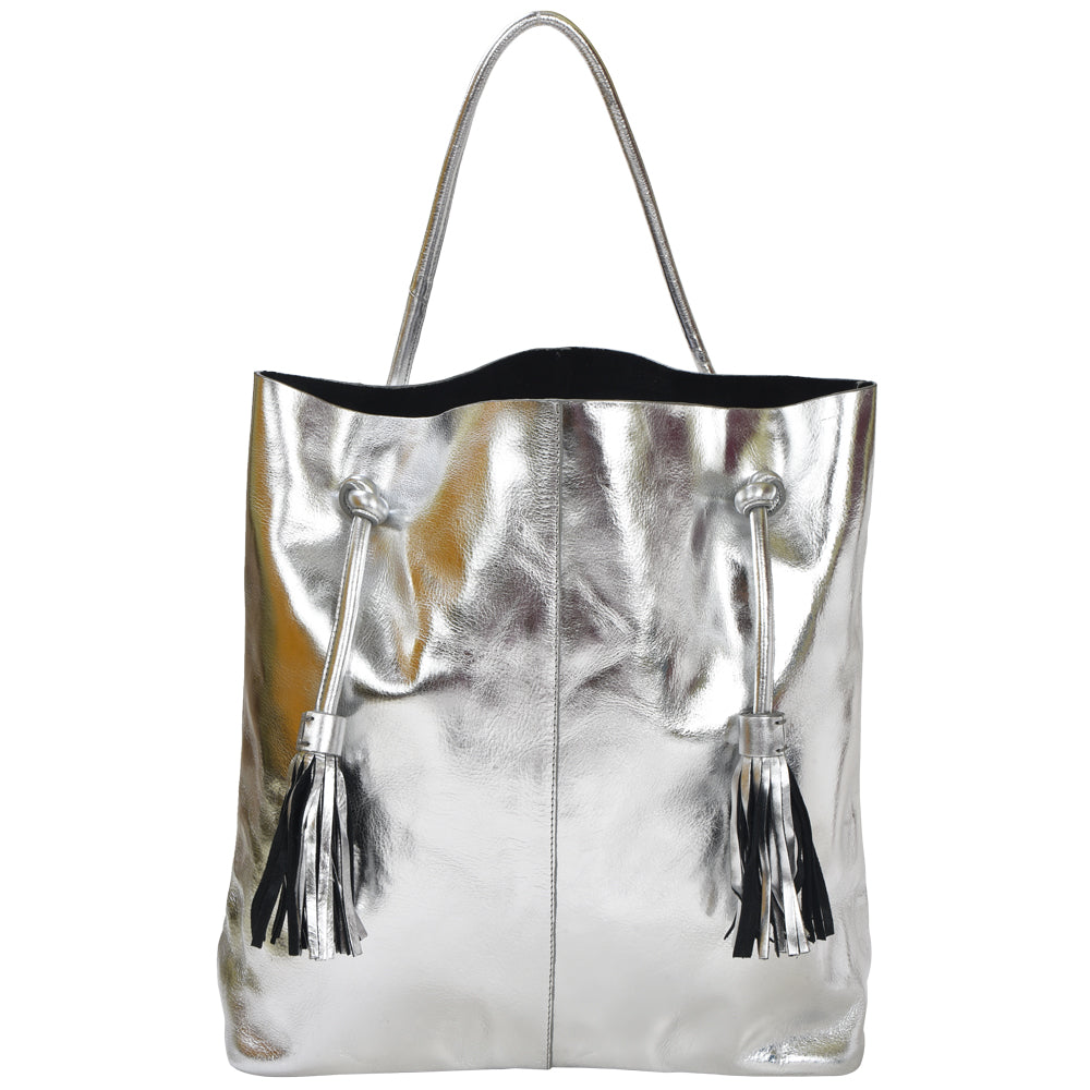 Silver Drawcord Metallic Leather Hobo Shoulder Bag Ethical Sustainable Bag Brix and Bailey