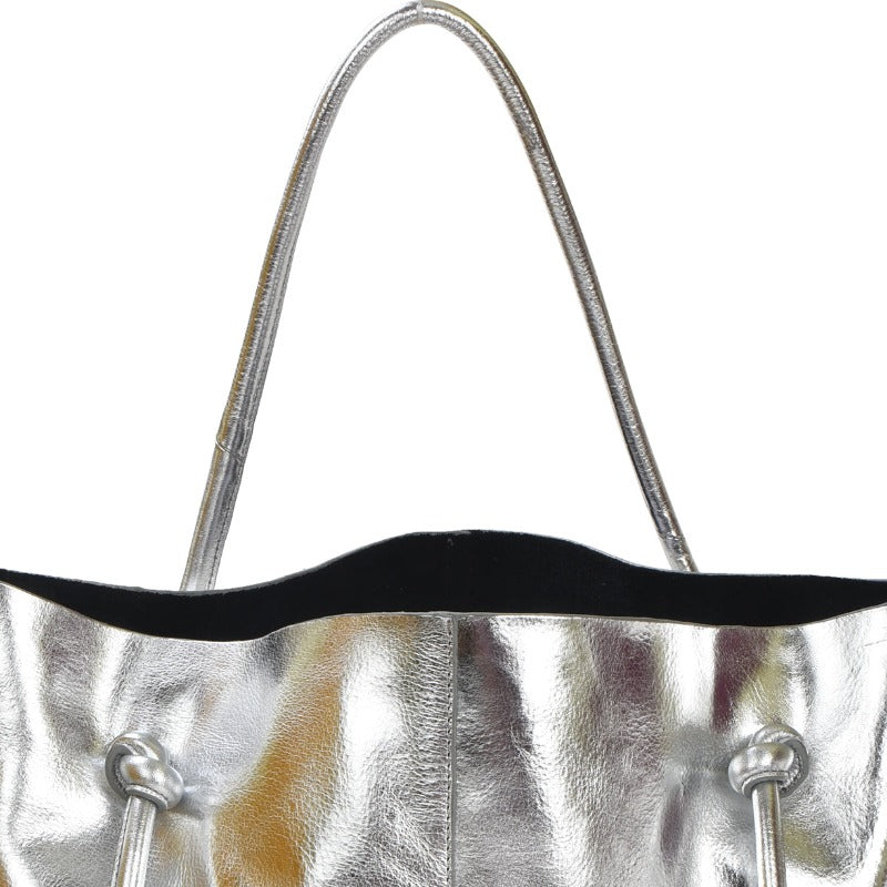 Silver Drawcord Metallic Leather Hobo Shoulder Bag Ethical Sustainable Bag Brix and Bailey