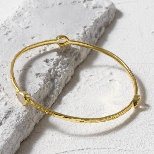 Three Stone Rainbow Moonstone Stacking Bangle in 22K Gold