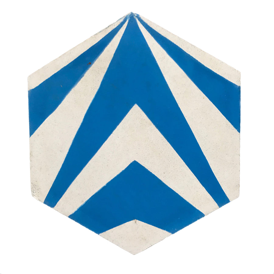 Modern Moroccan chevron hex cement tile, premium blue and white handcrafted design, stylish UK delivery included by Maria Starling Design at brixbailey.com
