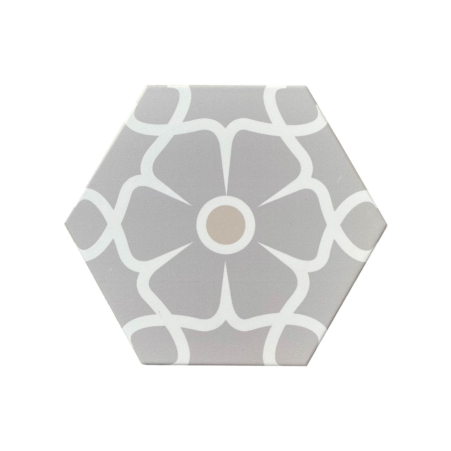 Premium Ella porcelain floor tiles, stylish hexagonal floral pattern, luxury anti-slip outdoor and indoor tiles, grey lilac color by Maria Starling Design at brixbailey.com