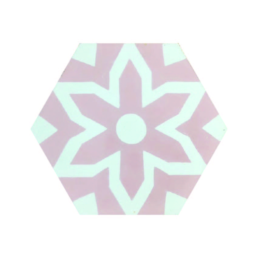 Luxury pink hex cement floor tiles, stylish Fleur design for bathroom and kitchen, premium handcrafted mosaic-inspired pattern by Maria Starling Design at brixbailey.com