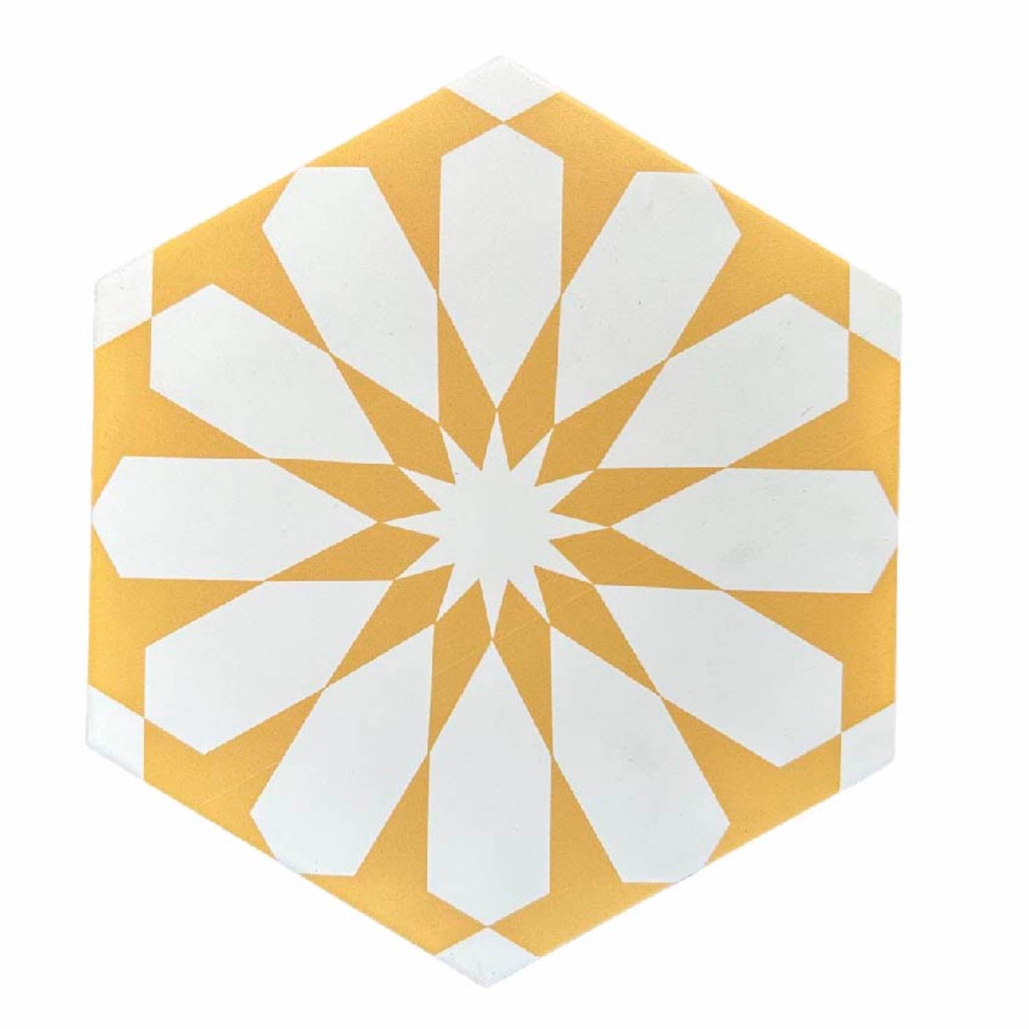 Luz yellow and white porcelain tile, premium anti-slip arabesque pattern for floors and walls, luxury outdoor and indoor use by Maria Starling Design at brixbailey.com