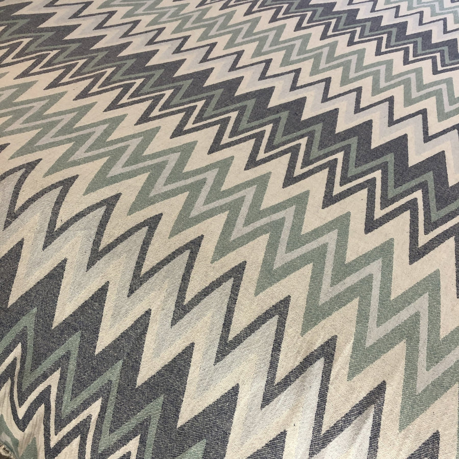 Sirocco organic cotton jacquard weave throw, oversized luxury blanket in muted greens blues greys, stylish zigzag pattern, premium soft bedspread or sofa cover by Wildash London at brixbailey.com