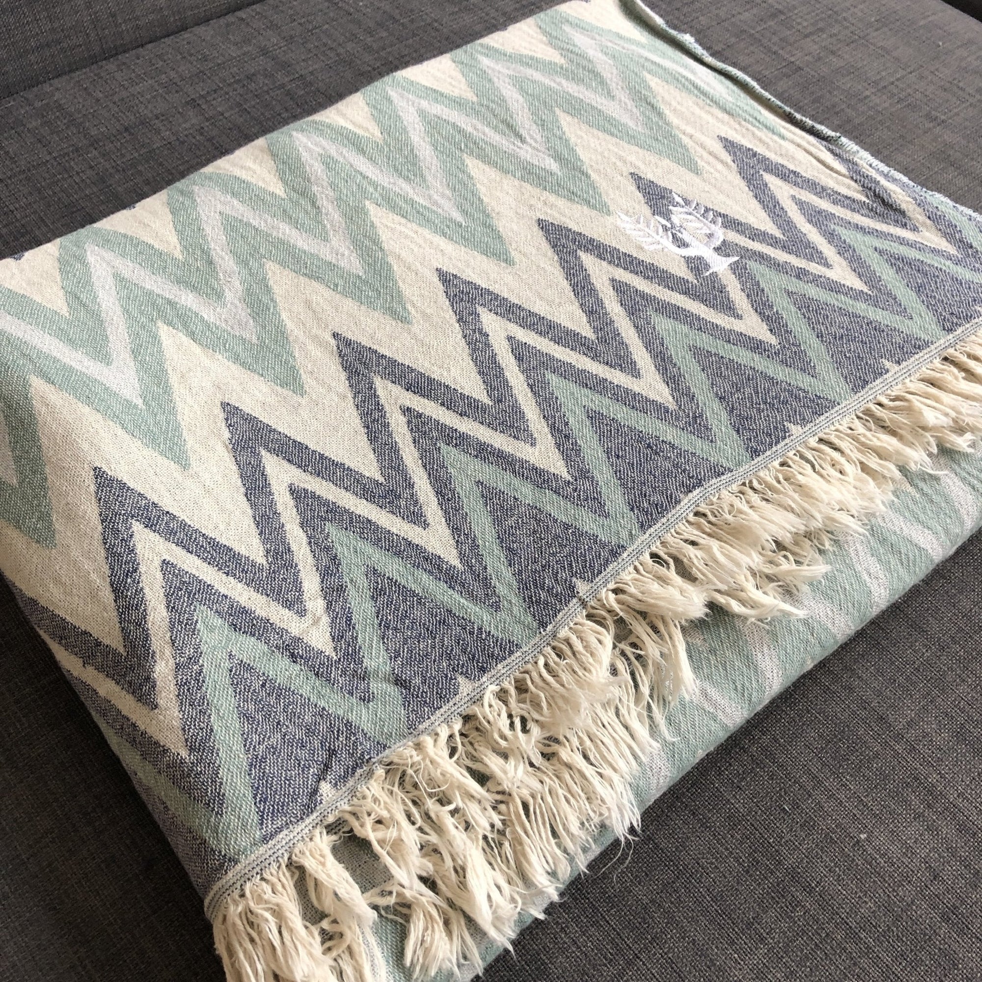 Luxury Sirocco organic cotton jacquard weave throw, oversized 200x250cm, soft muted zigzag pattern, premium bedspread or picnic blanket by Wildash London at brixbailey.com