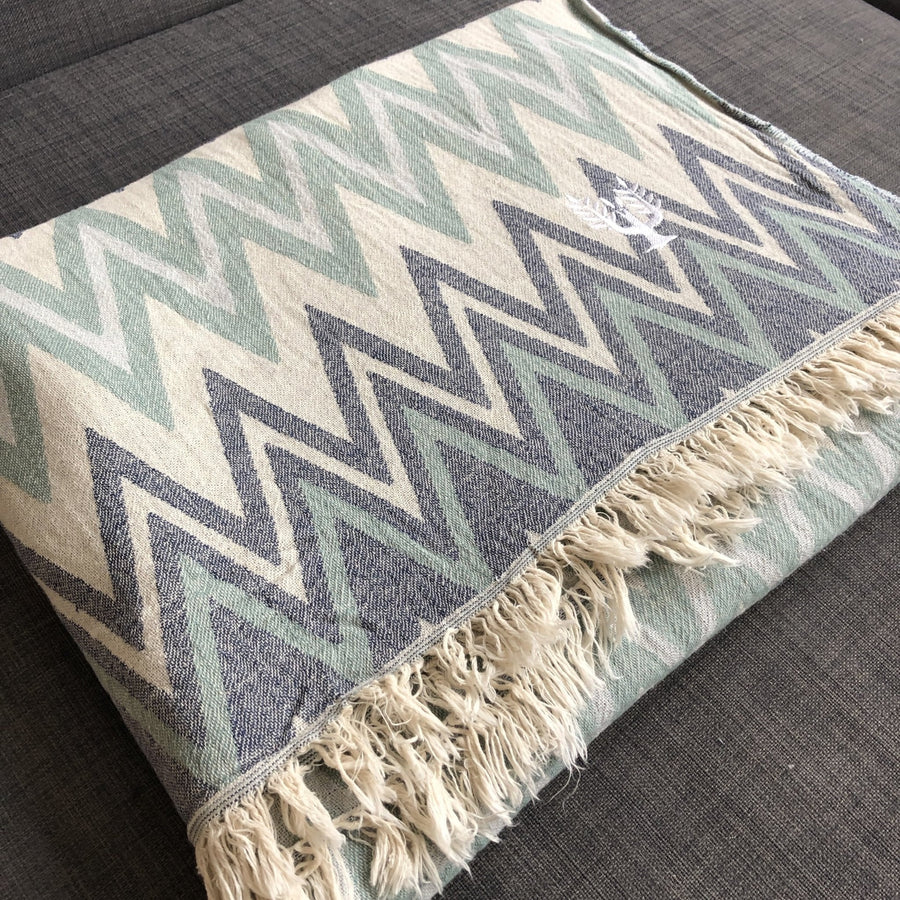 Luxury Sirocco organic cotton jacquard weave throw, oversized 200x250cm, soft muted zigzag pattern, premium bedspread or picnic blanket by Wildash London at brixbailey.com