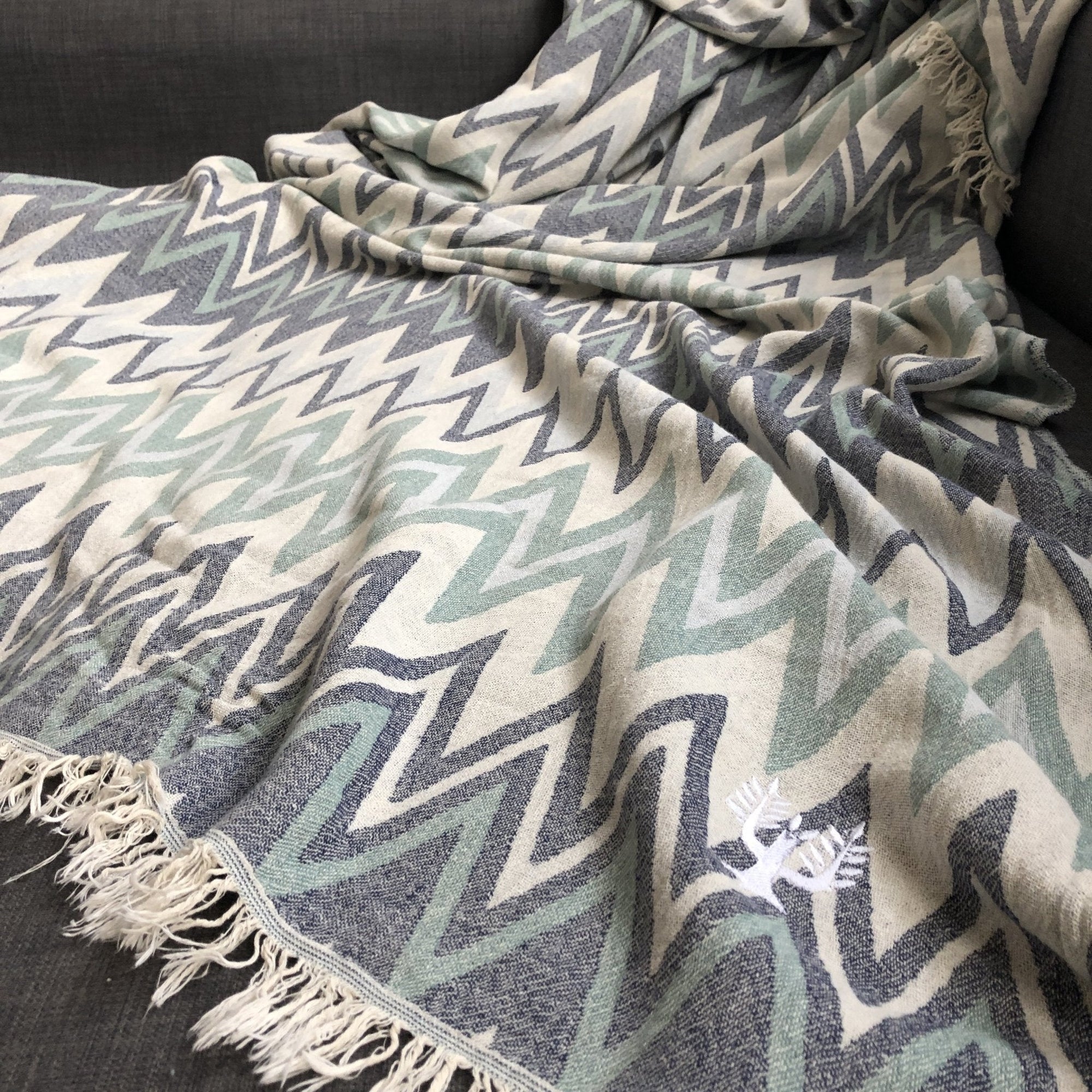 Luxury Sirocco organic cotton jacquard weave throw, oversized 200x250cm, soft muted zigzag pattern, premium bedspread or picnic blanket by Wildash London at brixbailey.com