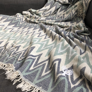 Luxury Sirocco organic cotton jacquard weave throw, oversized 200x250cm, soft muted zigzag pattern, premium bedspread or picnic blanket by Wildash London at brixbailey.com