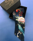 Navy 'Skinny' Silk scarf in the botanical  'Wonderous' Print, delicate, lightweight scarf accessory