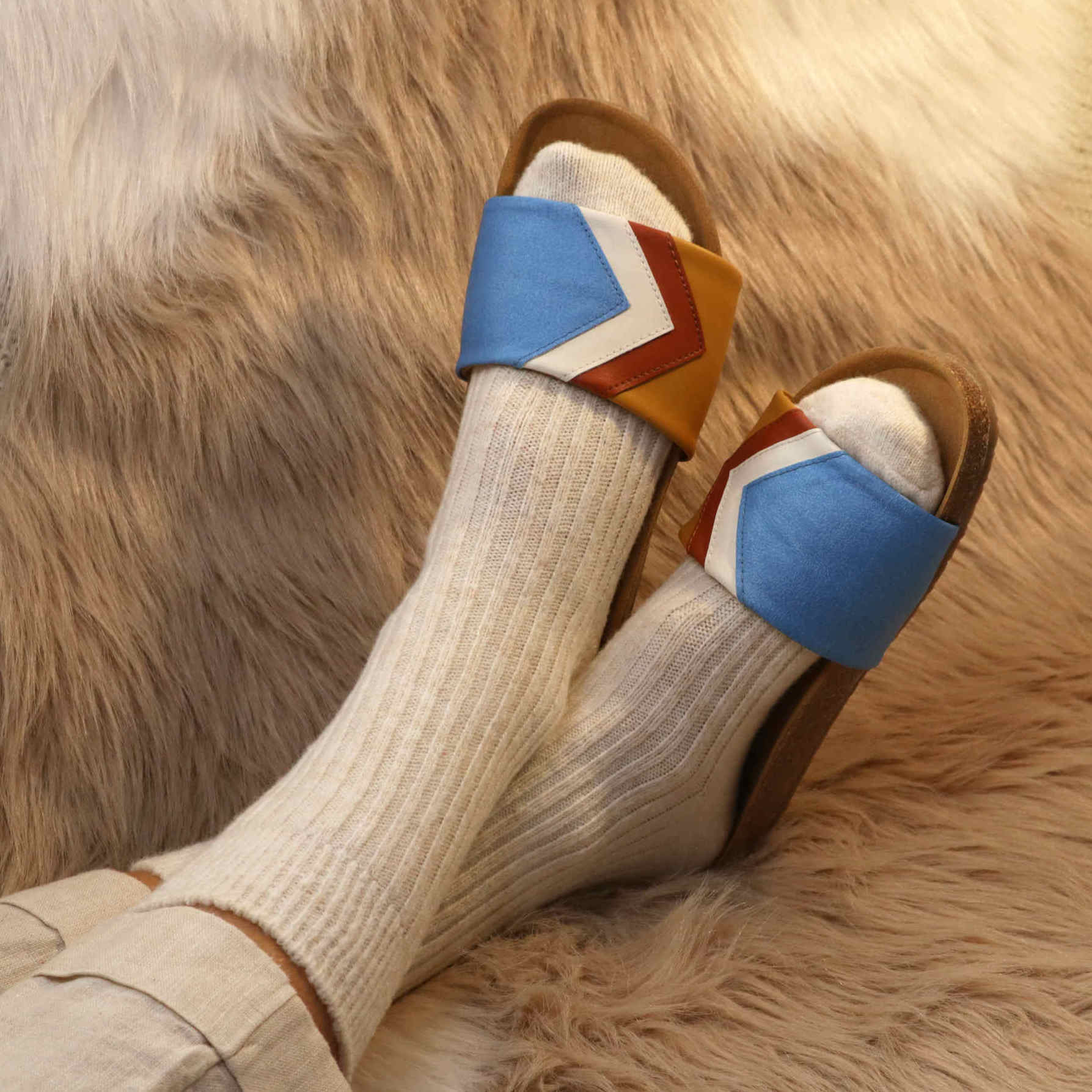 Premium vegan sandals in azure blue, white, terracotta, mustard - PETA certified, eco-friendly, non-slip sole by Fünve at brixbailey.com