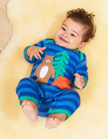 Premium baby sleepwear, blue striped organic cotton romper with bear applique, soft GOTS certified fabric, easy snap closure by Toby Tiger at brixbailey.com