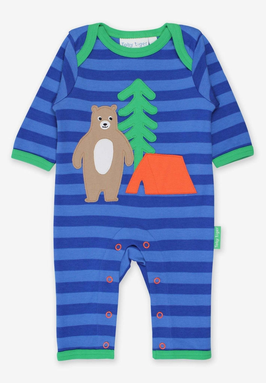 Premium baby sleepwear, organic cotton striped pajamas with bear applique, soft GOTS certified, machine washable by Toby Tiger at brixbailey.com