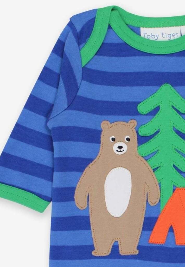 Luxury baby sleepwear, organic cotton striped romper with bear applique, soft GOTS-certified blue pajamas, trendy Toby Tiger design by Toby Tiger at brixbailey.com