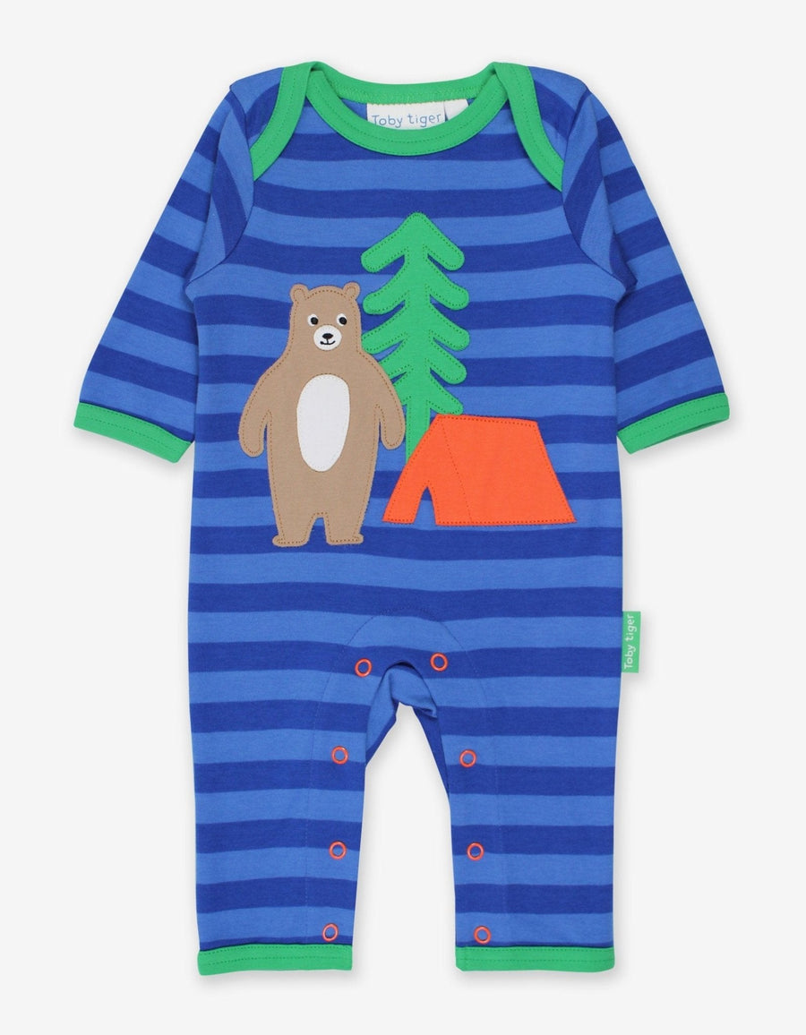 Luxury baby sleepwear, organic cotton striped pajamas with bear applique, soft blue romper, GOTS certified, machine washable by Toby Tiger at brixbailey.com