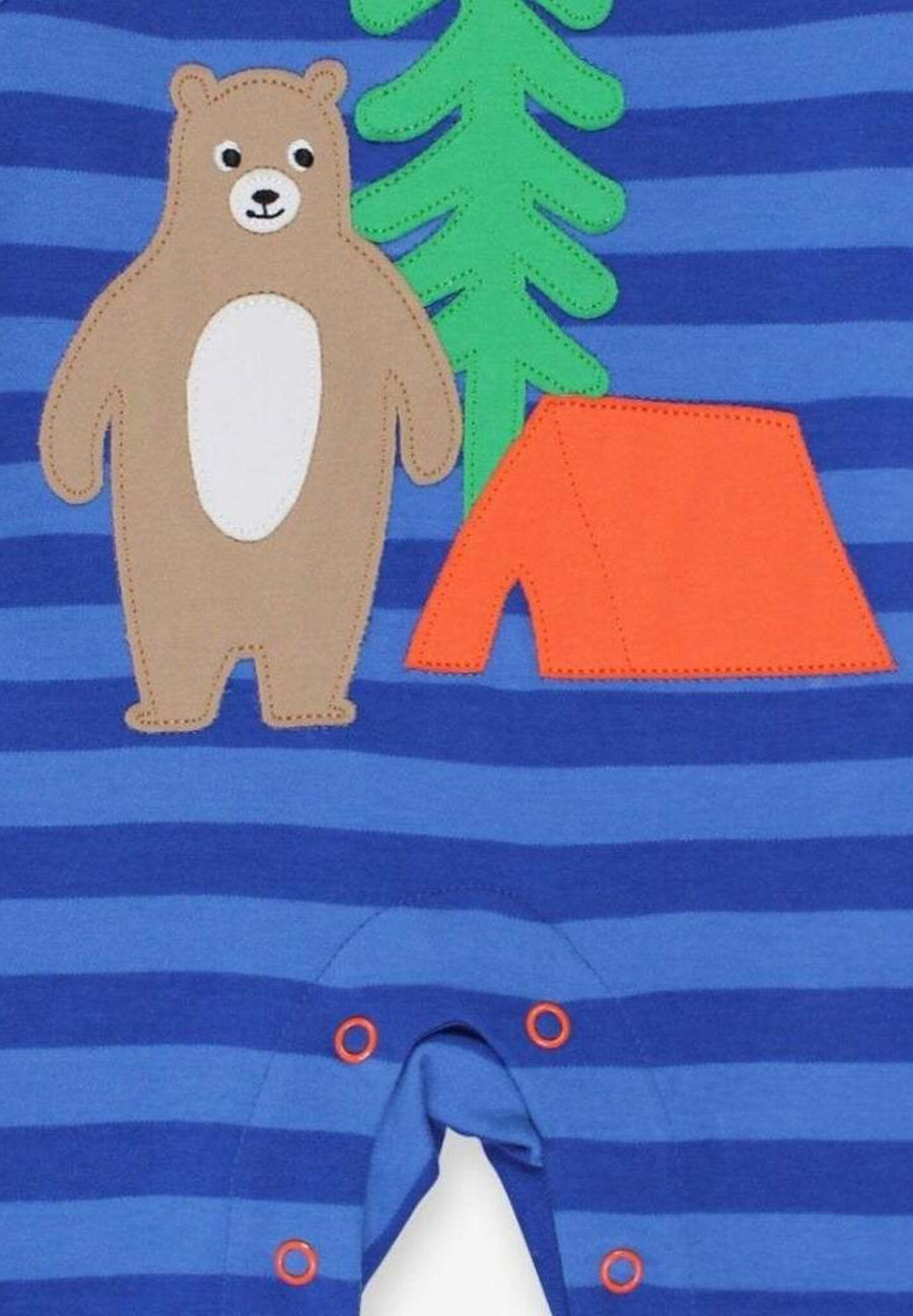 Premium baby sleepwear, organic cotton striped romper with bear applique, soft blue pajamas, GOTS certified, machine washable by Toby Tiger at brixbailey.com