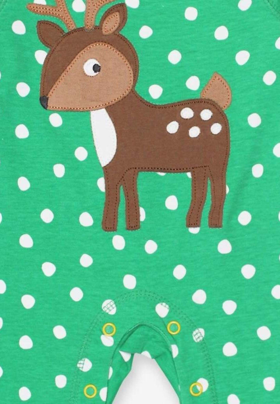Sweet Fawn on Green Sleepsuit with White Dots - Soft Organic Cotton Baby Romper with Snap Buttons and Slip Neck by Toby Tiger at brixbailey.com