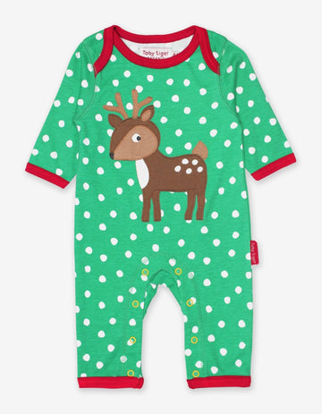 Adorable Fawn Print Baby Sleepsuit in Soft Organic Cotton with Green and White Polka Dots by Toby Tiger at brixbailey.com