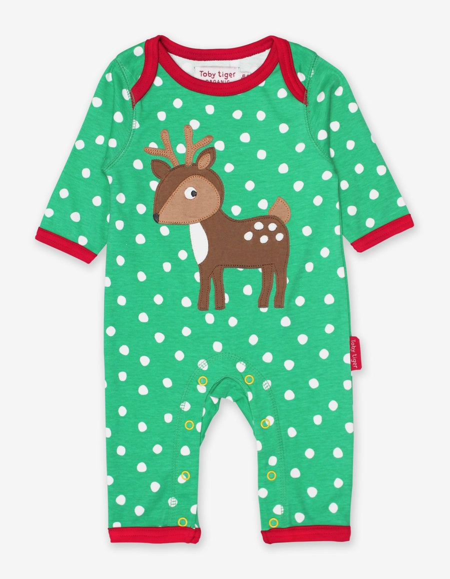 Adorable Fawn Print Baby Sleepsuit in Soft Organic Cotton with Green and White Polka Dots by Toby Tiger at brixbailey.com