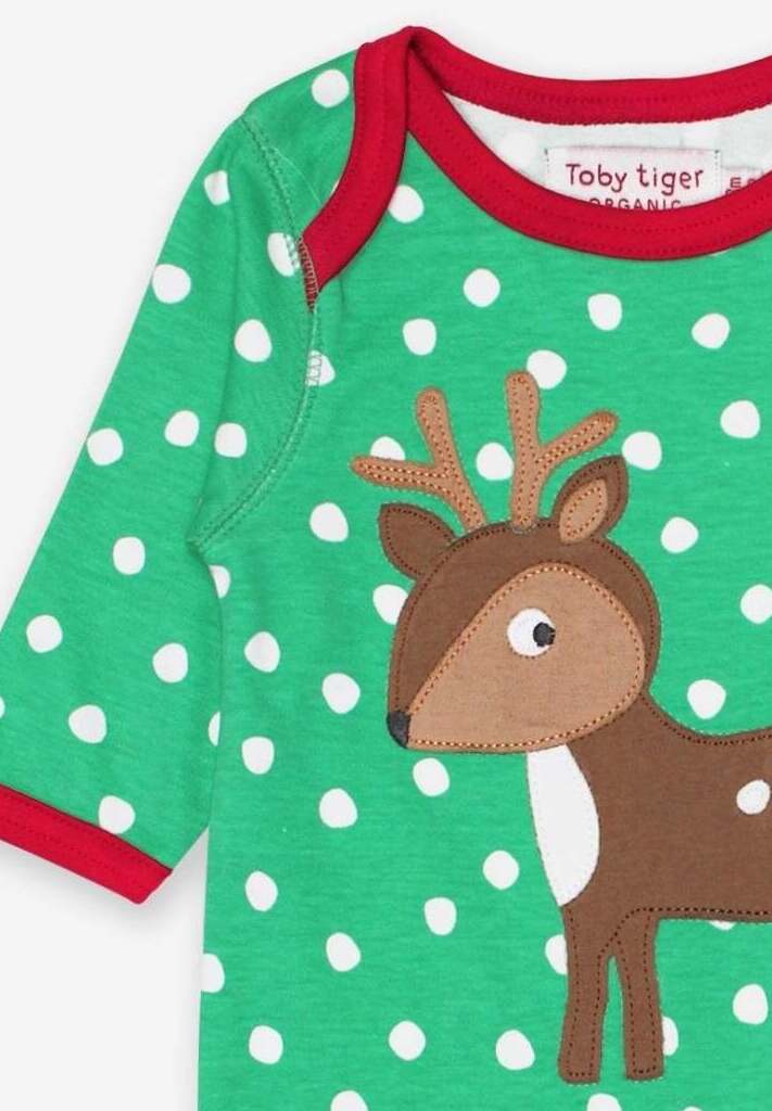 Adorable Fawn Print Baby Sleepsuit in Soft Organic Cotton with Green and White Polka Dots by Toby Tiger at brixbailey.com