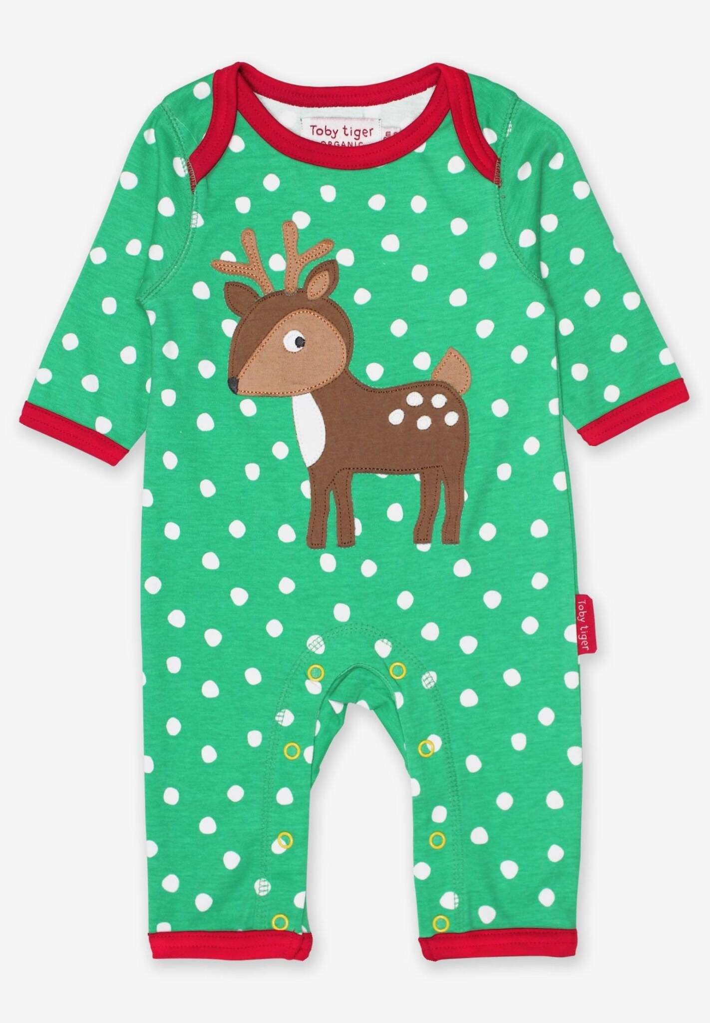 Adorable Fawn Print Baby Sleepsuit in Soft Organic Cotton with Green and White Polka Dots by Toby Tiger at brixbailey.com