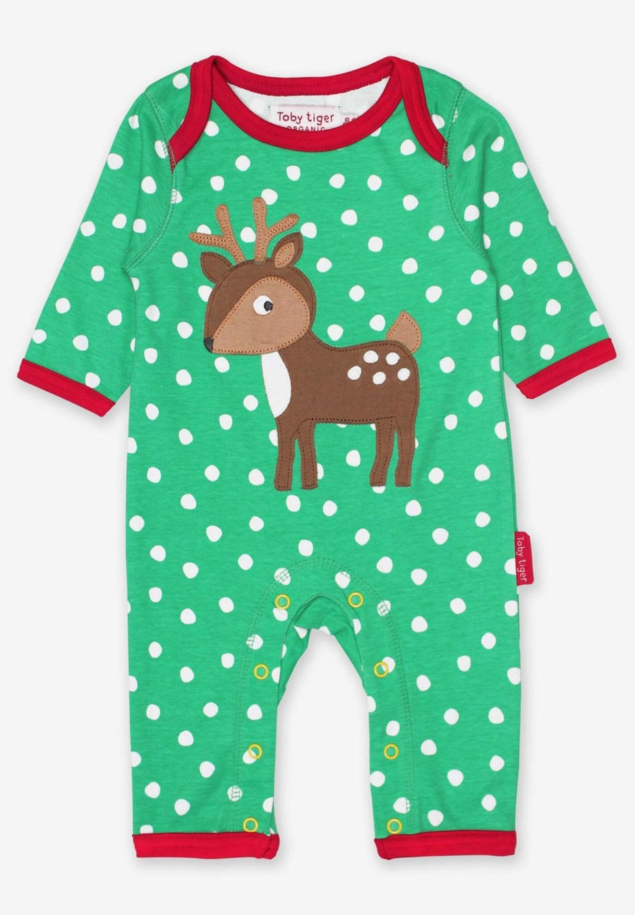 Adorable Fawn Print Baby Sleepsuit in Soft Organic Cotton with Green and White Polka Dots by Toby Tiger at brixbailey.com