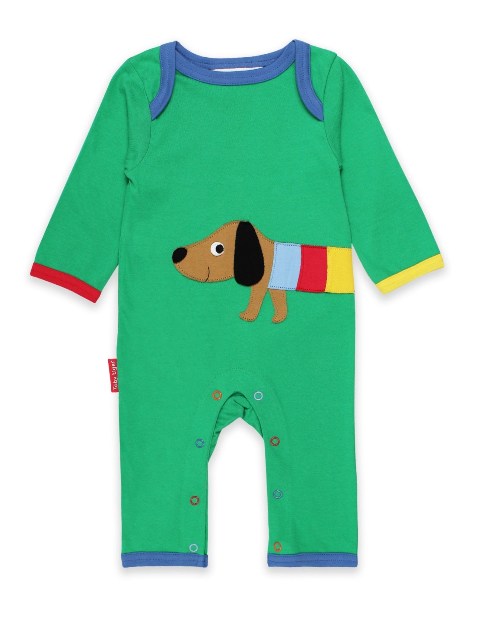 Premium baby sleep romper with dog applique, organic cotton pajamas, soft green one-piece with snap buttons by Toby Tiger at brixbailey.com