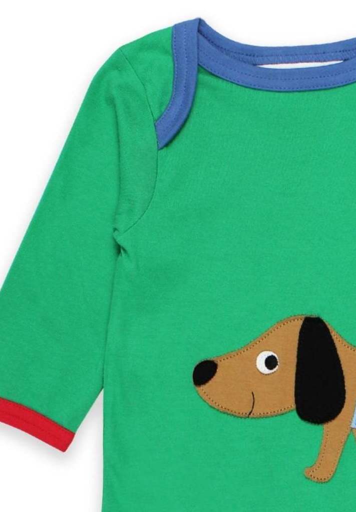 Premium organic cotton baby sleep suit with dog applique, GOTS certified, soft green romper with snap buttons by Toby Tiger at brixbailey.com