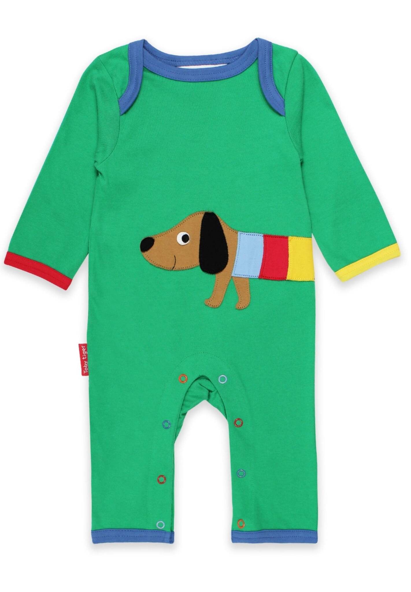 Premium organic cotton baby sleep suit with dog applique, GOTS certified, soft green one-piece pajama with snap buttons by Toby Tiger at brixbailey.com