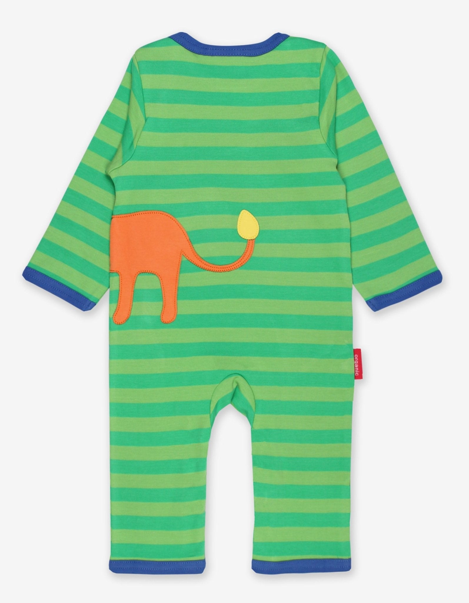 Premium organic cotton baby sleepwear with lion applique, stylish striped pajamas, soft GOTS certified fabric, eco-friendly dyes, snap leg closures by Toby Tiger at brixbailey.com