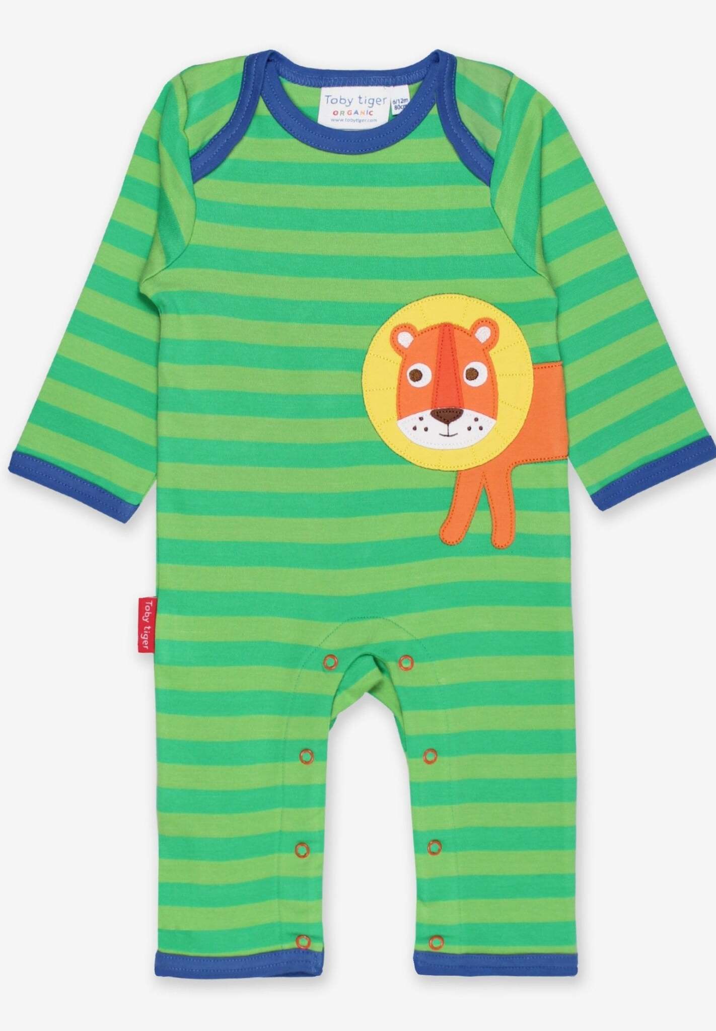Premium organic cotton baby sleepwear with lion applique, GOTS certified, soft striped pajamas, machine washable by Toby Tiger at brixbailey.com