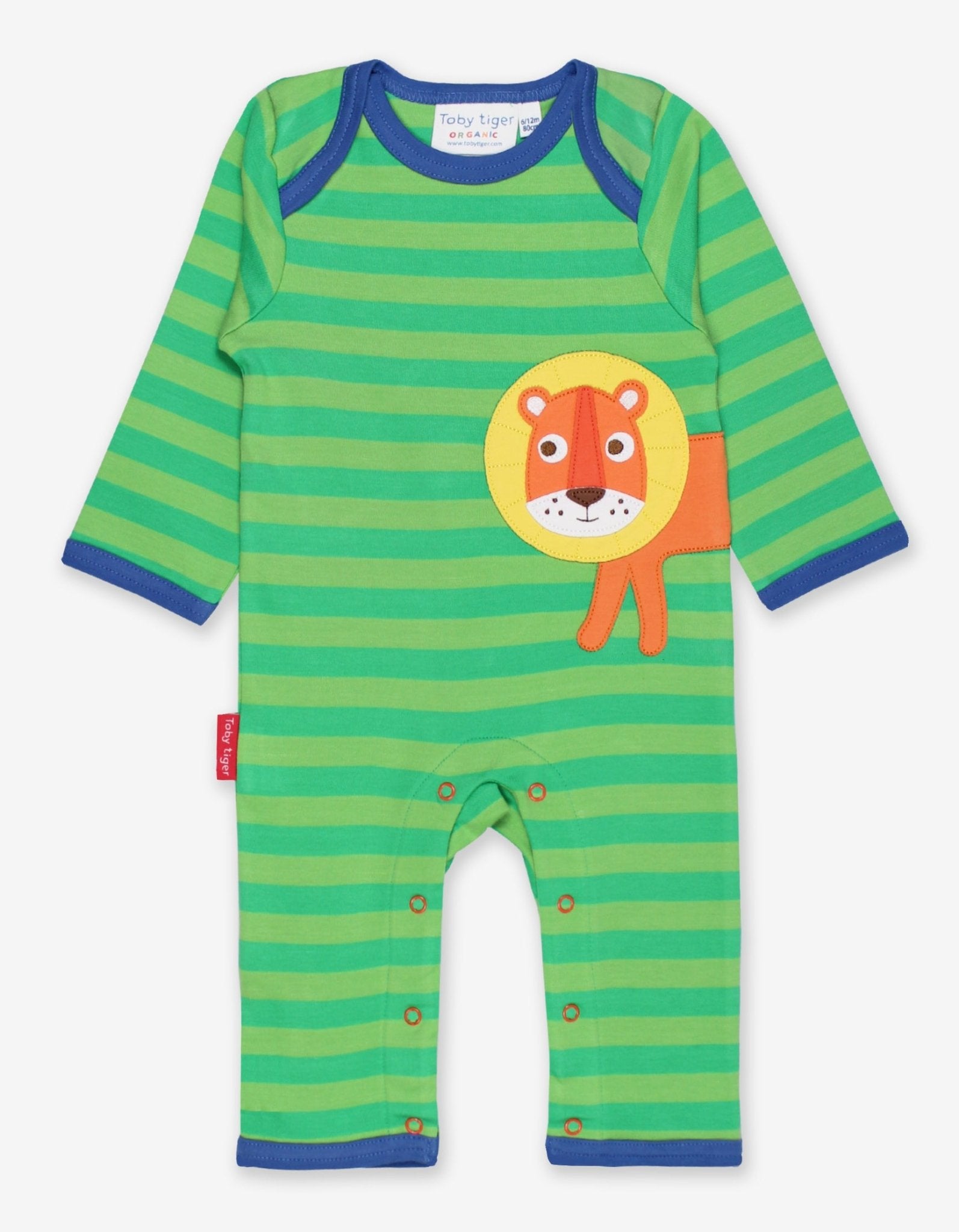 Premium organic cotton baby sleep suit with lion applique, soft GOTS certified fabric, eco-friendly dyes, snap leg closures by Toby Tiger at brixbailey.com