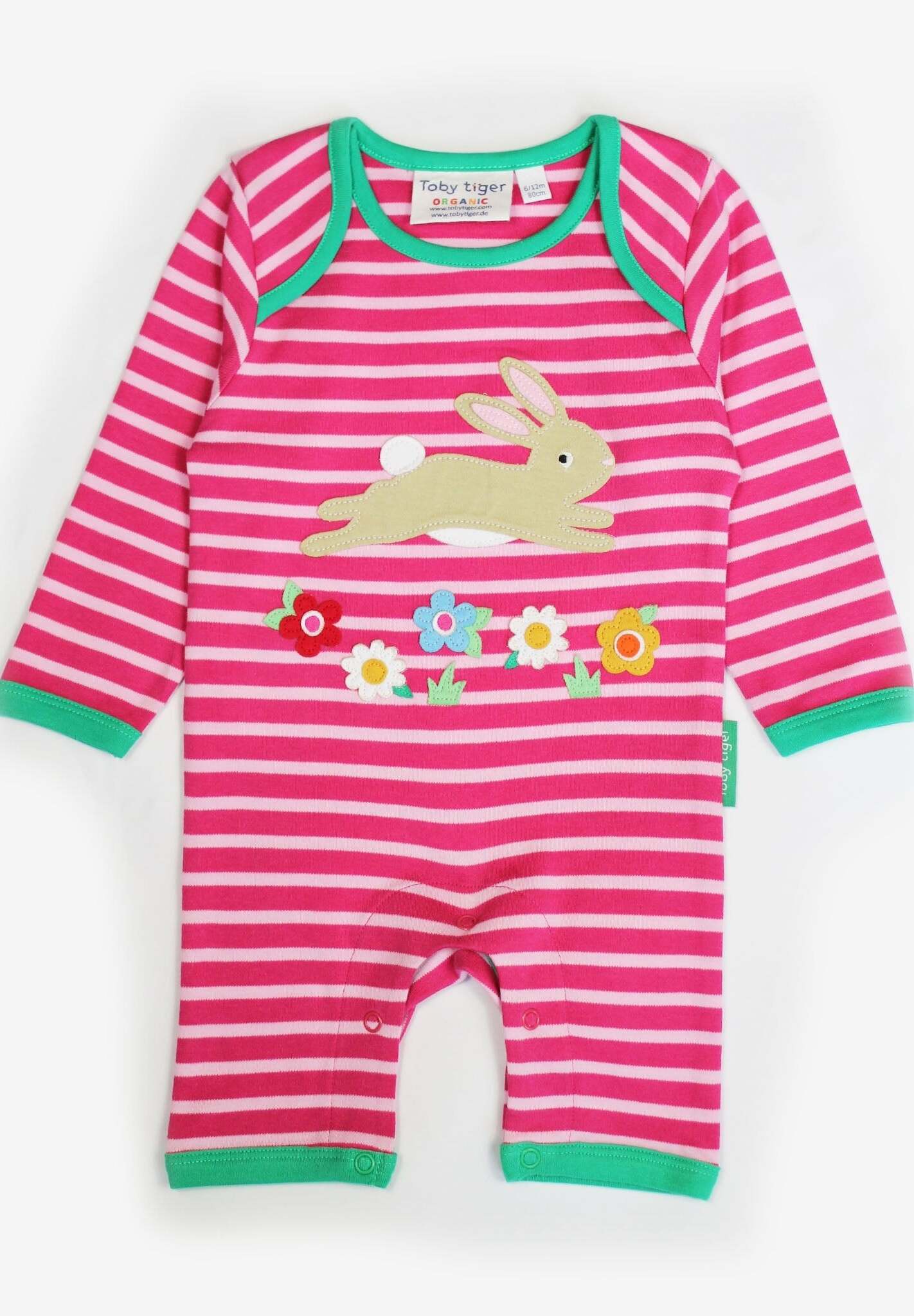 Premium Pink Striped Bunny Jumpsuit for Kids, GOTS Certified Organic Cotton Baby Sleepsuit with Snap Buttons by Toby Tiger at brixbailey.com