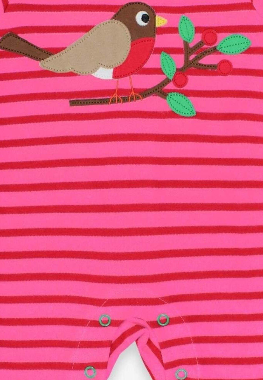 Premium striped organic cotton baby sleepwear with robin applique, stylish pink sustainable pajamas, best-selling cozy romper by Toby Tiger at brixbailey.com