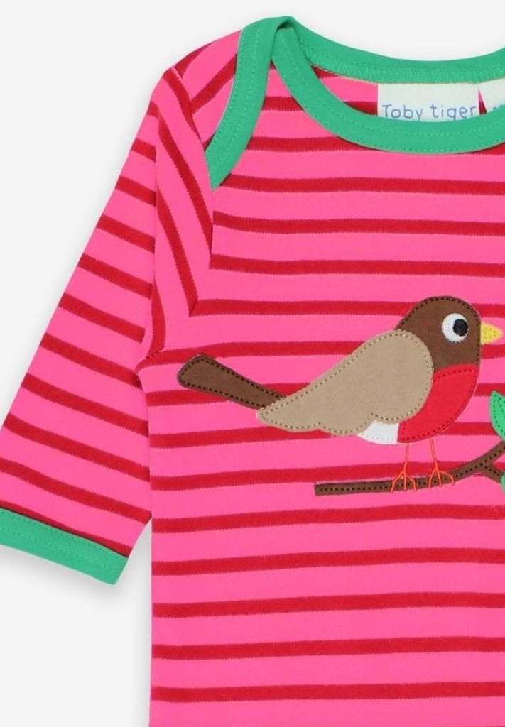 Premium striped organic cotton baby sleepwear with robin applique in pink, sustainable and stylish, best-selling Toby Tiger design by Toby Tiger at brixbailey.com