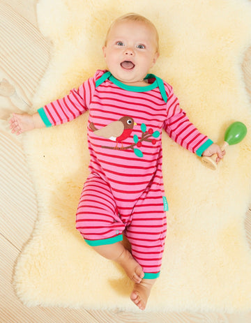 Premium striped organic cotton baby sleepwear with robin applique in pink, sustainable and stylish, best-selling Toby Tiger design by Toby Tiger at brixbailey.com