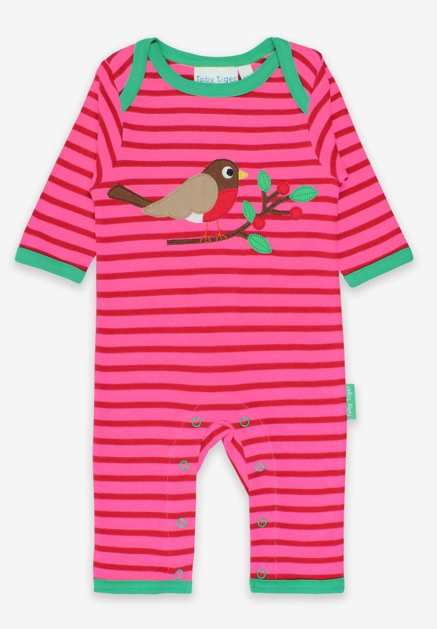 Premium striped organic cotton baby sleepwear with robin applique in pink, sustainable and stylish, best-selling Toby Tiger design by Toby Tiger at brixbailey.com