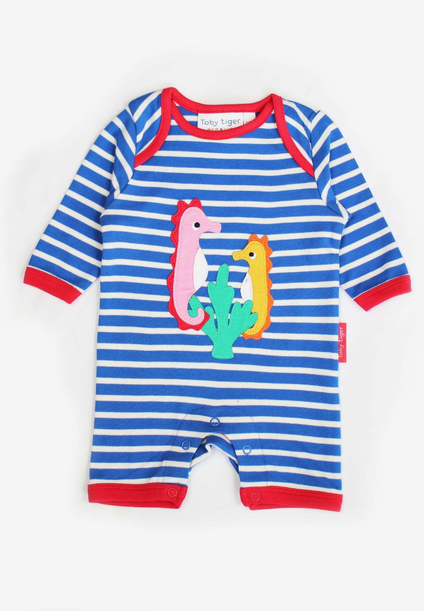 Premium Blue and White Striped Kids Pajamas with Seahorse Applique, Soft GOTS Organic Cotton, Toby Tiger Collection by Toby Tiger at brixbailey.com