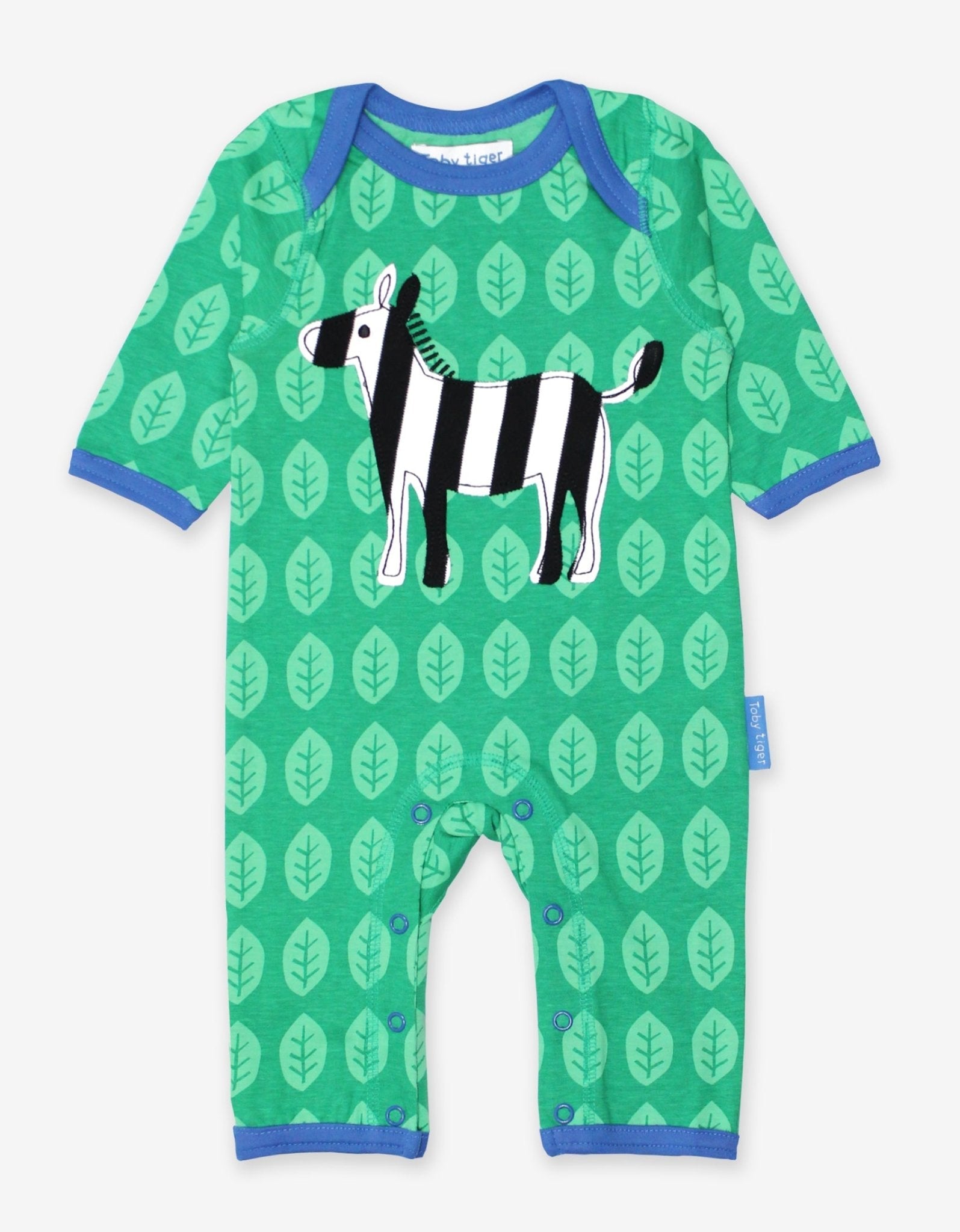 Playful Zebra Print Organic Cotton Sleepsuit with Slip Neck and Snap Buttons - Toby Tiger Design by Toby Tiger at brixbailey.com