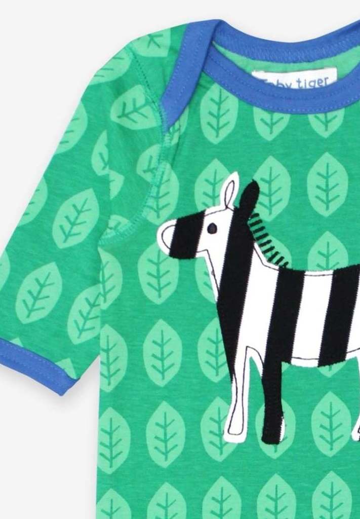 Playful Zebra Print Organic Cotton Sleepsuit with Slip Neck and Snap Buttons - Toby Tiger Design by Toby Tiger at brixbailey.com