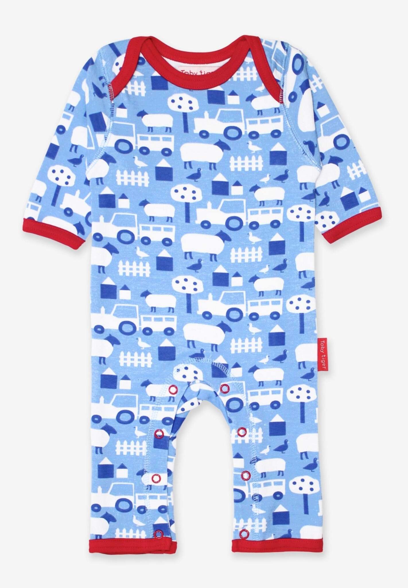 Premium organic cotton baby sleepwear with farm print, soft GOTS-certified fabric, snap buttons, stylish Toby Tiger design by Toby Tiger at brixbailey.com