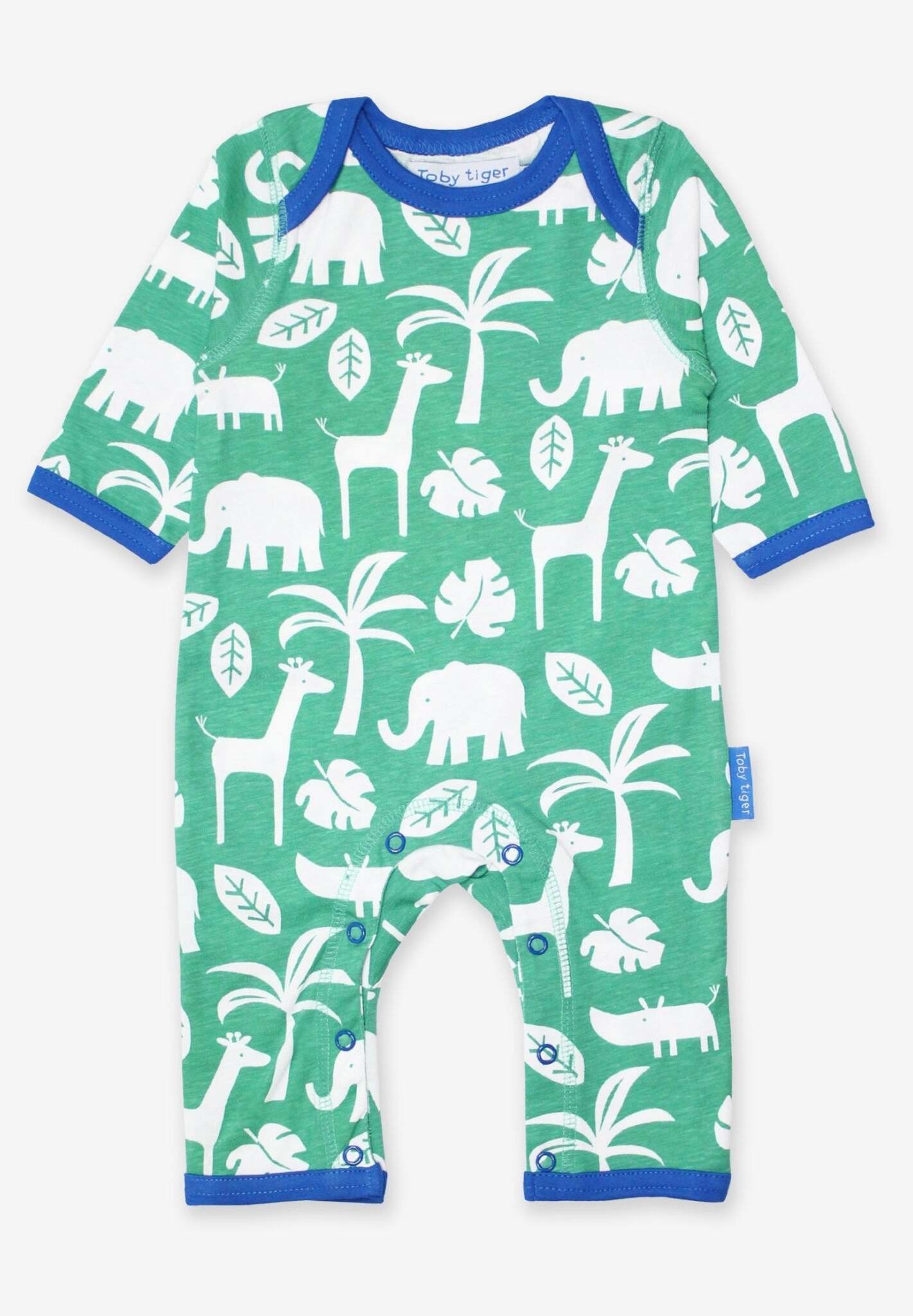 Comfortable Tarzan and Jane Sleepsuit with Green White Jungle Print, Soft Organic Cotton, Eco-Friendly Dye, Toby Tiger Design by Toby Tiger at brixbailey.com