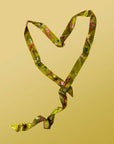 Ochre yellow Silk satin 'Helios' Ultra Skinny silk scarf with mushrooms and sunflowers
