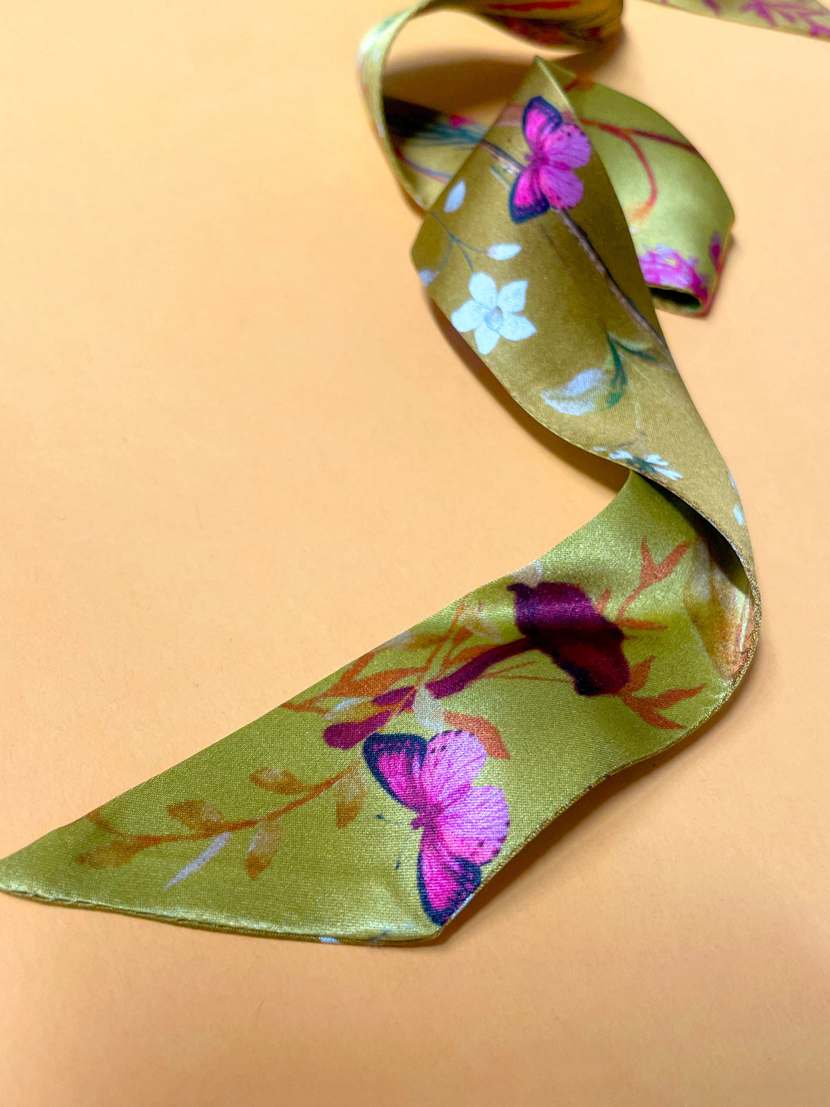 Ochre yellow Silk satin 'Helios' Ultra Skinny silk scarf with mushrooms and sunflowers
