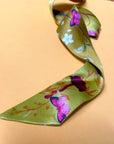Ochre yellow Silk satin 'Helios' Ultra Skinny silk scarf with mushrooms and sunflowers